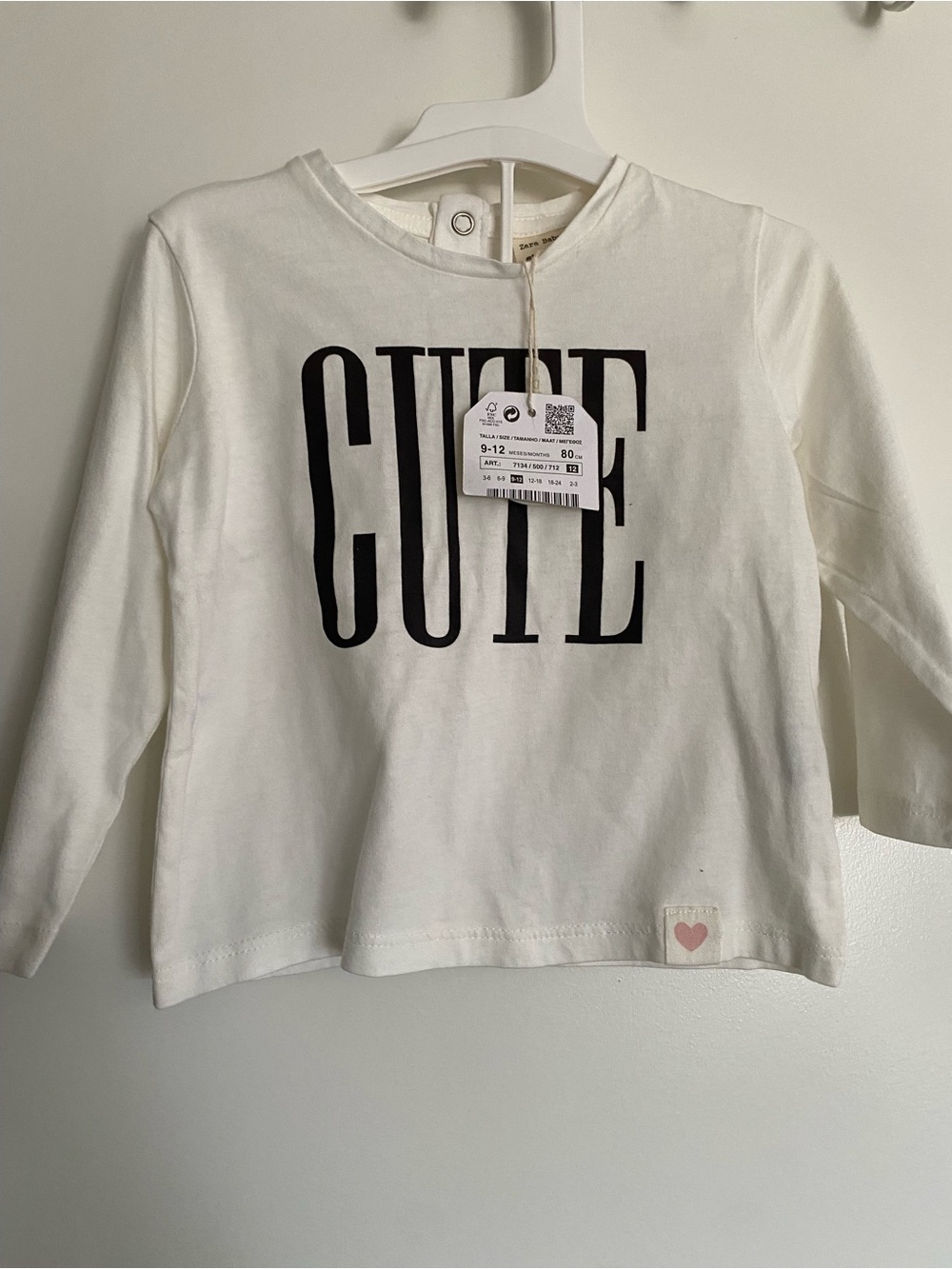 Zara White Long-Sleeve Tee with Black 'CUTE' Print and Pink Heart Patch
